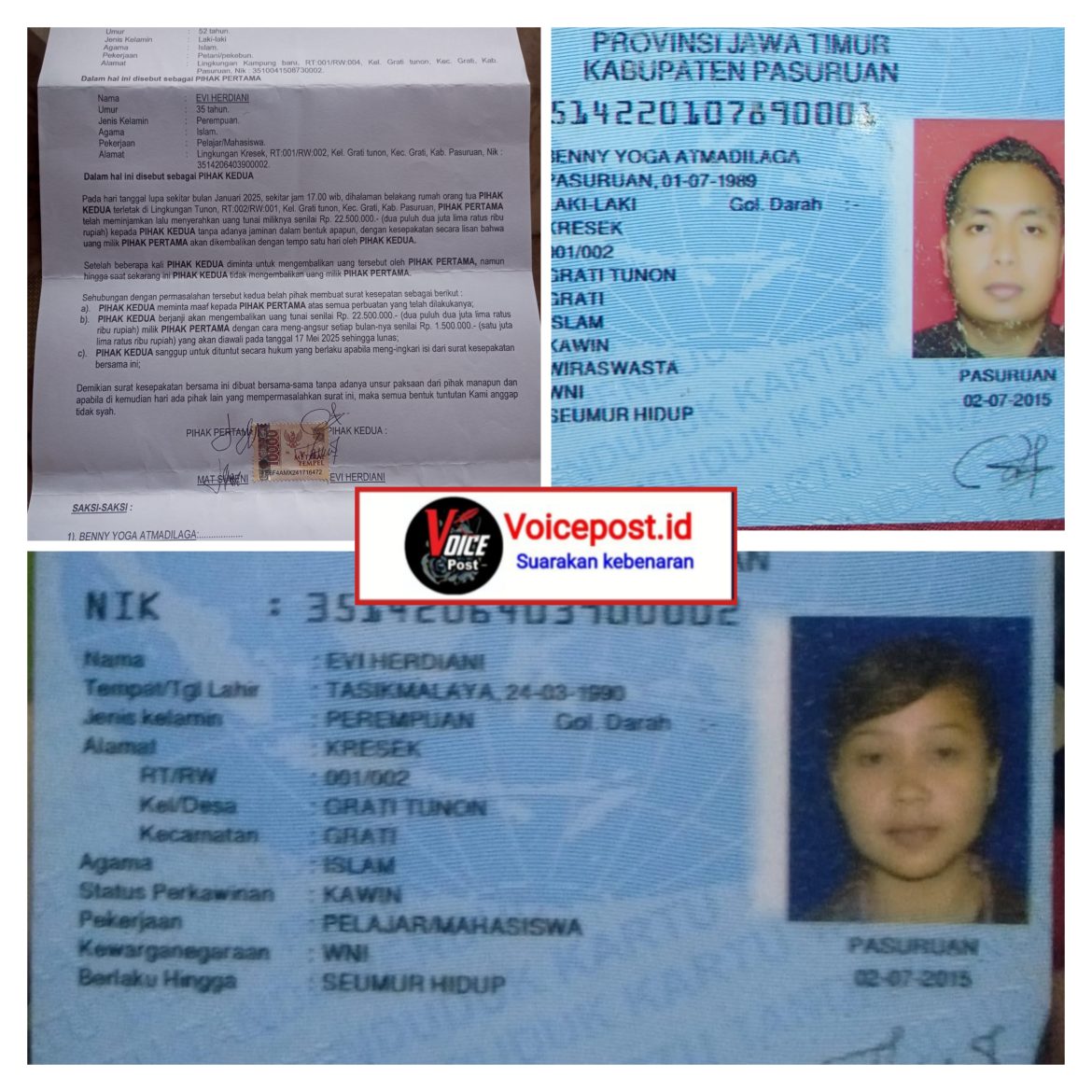 Atas kesepakatan. Dari surat perjanjian Sudah melangar isi surat yang di tandatangani, Kecamatan Grati 