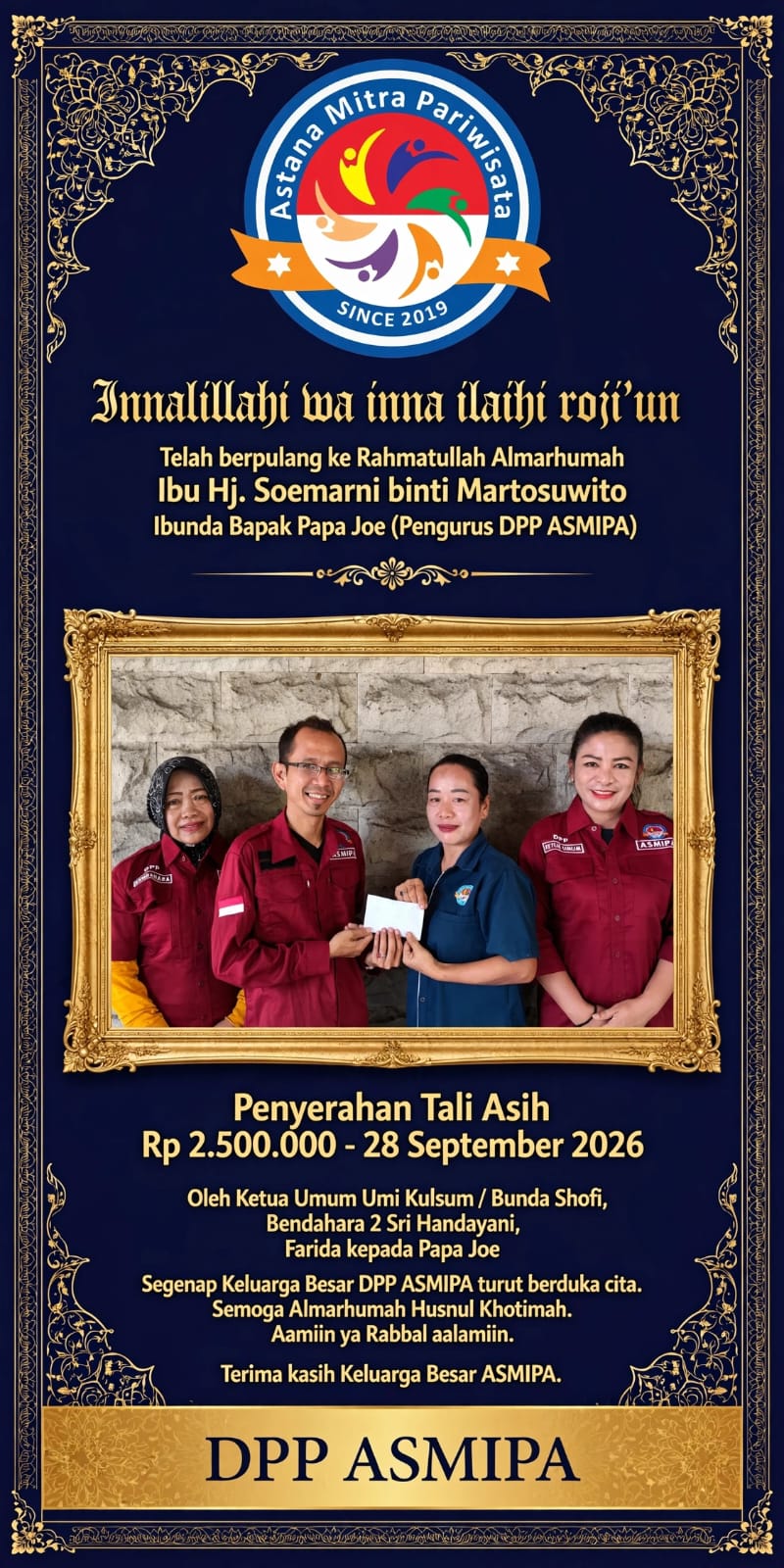 *ASMIPA PEDULI SERAHKAN TALI ASIH DUKA CITA UNTUK KELUARGA PENGURUS DPP*