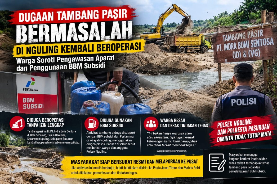 *Dugaan Tambang Pasir Bermasalah di Nguling Kembali Beroperasi, warga soroti pengawasan aparat dan penggunaan BBM subsidi*
