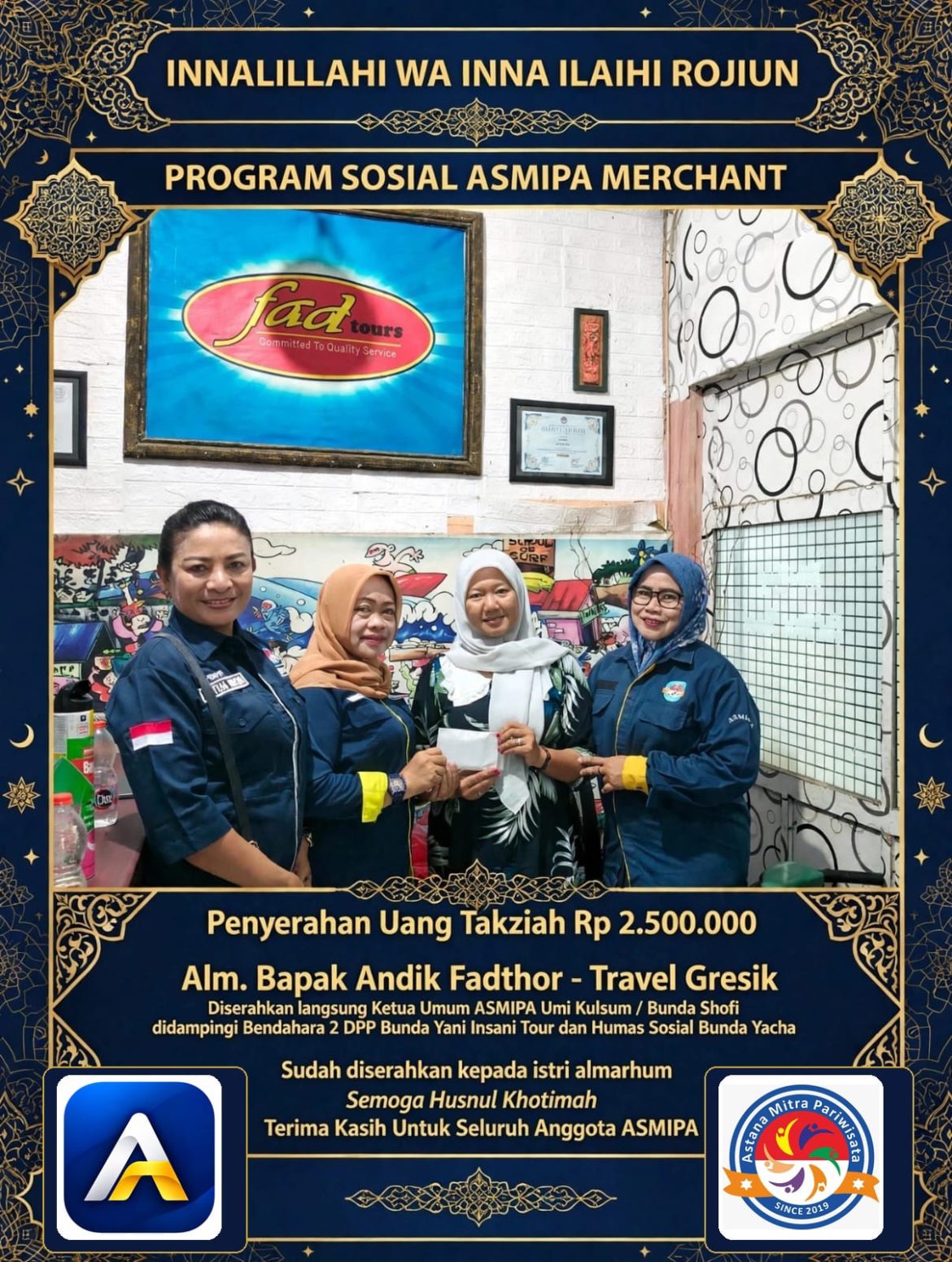 PEDULI ANGGOTA, ASMIPA MERCHANT SALURKAN BANTUAN TAKZIAH KEPADA KELUARGA ALMARHUM ANDIK FADTHOR