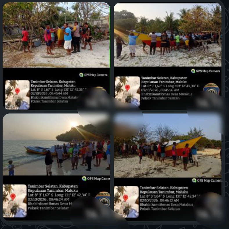 Bhabinkamtibmas Desa Matakus Bahu-membahu Bersama Warga Turunkan Motor Laut ke Pantai